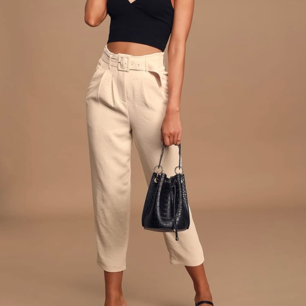 Larsen Cream High-Waisted Belted Tapered Pants